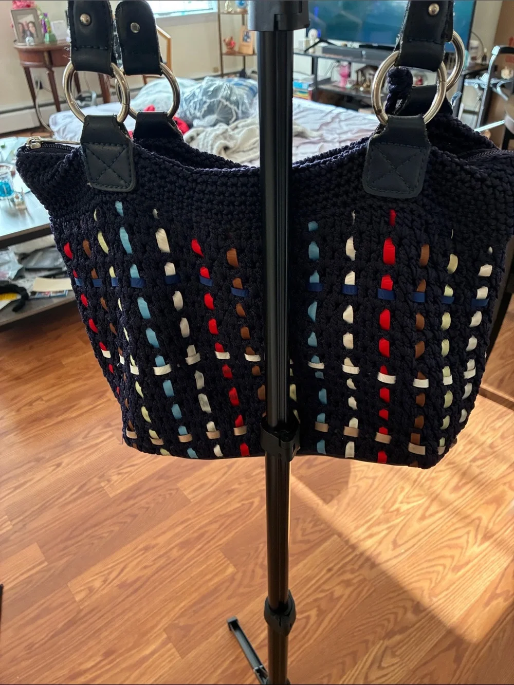 Sakroots Navy Crochet Shoulder Tote with Multicolor Woven Stripes - Picture 2 of 8